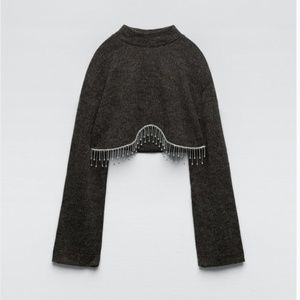 Zara dark gray soft long sleeves rhinestone fringing cropped sweater NWT